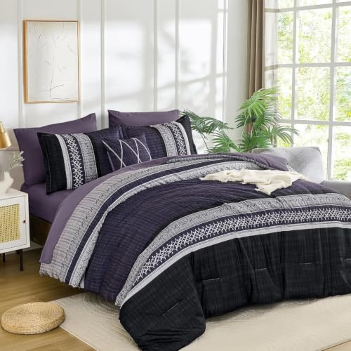 Image of Dintszyayue Purple Cal King Comforter Size Set, 8 Pieces Boho Striped Texture Bed in a Bag Sets, Lightweight Soft Bohemian Comforter and Sheet Set, All Season Microfiber Bedding Sets for Men Women