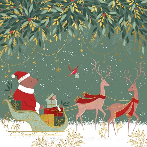 Christmas Cards Santa Bear - Luxury Pack 8 Sara Miller Embossed Foil Xmas Cards