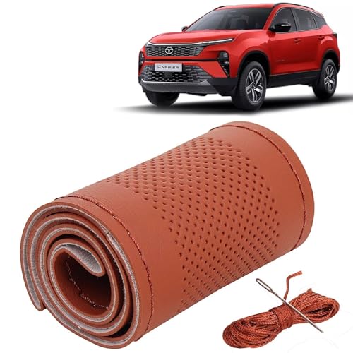 Image of KINGSWAY PU Leatherite Car Steering Cover Sewable Compatible with Tata Harrier (Year 2023 Onwards), Tan Color with Tan Thread, Pack of 1 with Sewing Needle and Thread