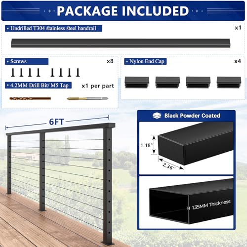 Image of Modular 1Pack 6FT Stainless Steel T304 Black Handrail for Cable Railing with Nylon End Cap Kits, 2.36 inch W x 1.18 inch H Cuttable Flat Handrail Rectangular Top Rail for Stair Railing Indoor Outdoor