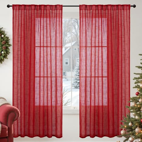YoungsTex Red Linen Semi Sheer Curtains 72 Inch Length - Light Filtering Drapes with Back Tab Rod Pocket Lightweight for Living Room Window, 2 Panels, 52 X 72 Inch