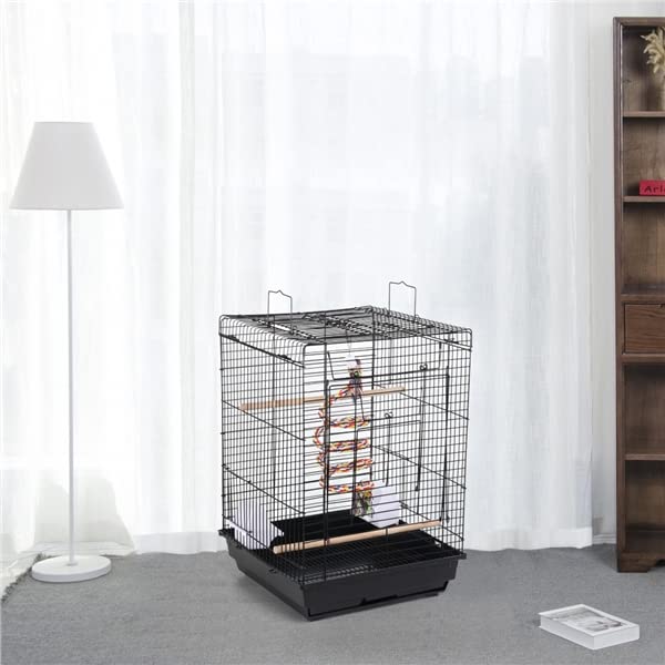 Abician Cage à Oiseaux en Métal pour Petits Oiseaux, Cage à Perruches avec Jouet, Corde à Clochette, 3 Perchoirs, 2 Mangeoirs, 1 Toit Ouvert 40 x 40 x 58 cm Noir