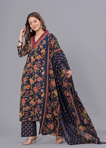 Image of Arayna Women's Pure Cotton Block Printed Kurta Set with Palazzo Pants & Dupatta - Ethnic Wear