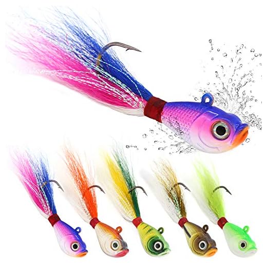 Bucktail Jigs Saltwater Hair Jigs Head Flukes Fishing Lures Assorted Kit for Striped Bass Walleye Snook Rockfish 1/4oz 1/2 oz 1oz 2 oz Pack of 5 (1 oz 5 Pack, Bucktail Jigs 5-Piece Lure Kit)