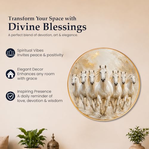 Image of PAINTINGMANTRA 7 Running White Horses Wall Art Painting with Frame for Living Room, Vastu Seven Horse Round Framed Painting for Home Office Bedroom, 23 Inch