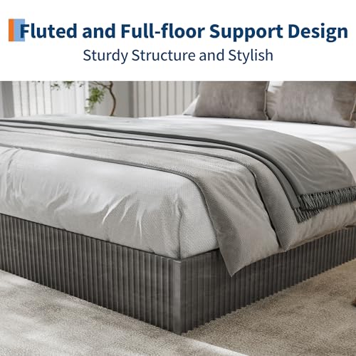 Image of GarveeHome Full Size Bed Frame, Wood Platform Bed, Fluted Bed Frame, Minimalist Bed Base with Low Profile Design, Noise-Free, Easy Assembly, No Box Spring Needed, Washed Black