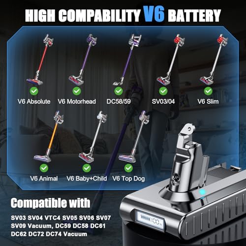 Image of 10.0Ah 21.6V Battery Replacement for Dyson V6 Battery-LCD Display VTC4 SV03 SV04 SV06 SV09 967810 DC58 DC59 DC61 DC62 DC72 DC74 Compatible with Dyson V6 Animal Absolute Motorhead Fluffy Vacuum Cleaner
