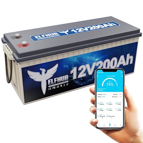 Elfhub 12V 200Ah LiFePO4 Autobatterie mit Bluetooth Eingebauter 200A BMS, 2560Wh Deep Cycle Lithium Batterie, 4000+ Zyklen, Ideal für Wohnmobil, Solar Trailer, Boot und Camping