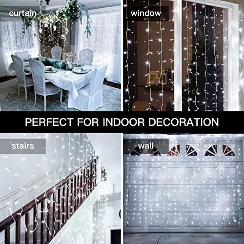 Ollny Christmas Curtain Lights Plug-in, 3m x 3m 300 LED Curtain Fairy Lights Indoor Outdoor, 8 Modes Remote Christmas Window Lights Waterfall Hanging Lights Cool White for Xmas Wall Gazebo Decorations
