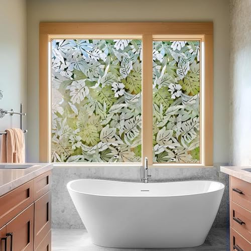 Image of HOME13 Window Privacy Film Frosted Glass Film Decorative Window Sticker Removable Window Film Home Office Privacy Film Window Coverings (Palm Leaves, 2 Feet by 12 Feet)