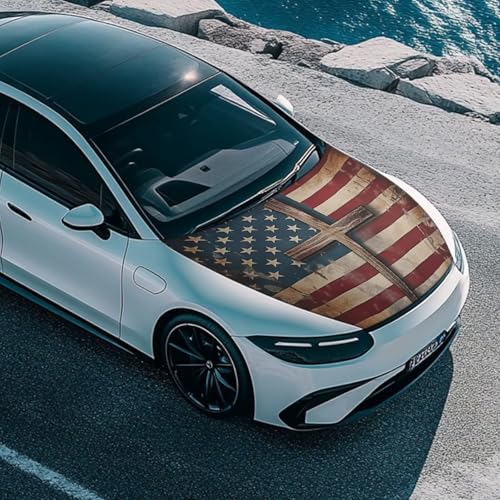 Image of Cross American Flag Pattern Car Hood Cover Stretchable American Hood Flag, 59.05 inchx39.37 inch, Premium Sublimation Print Car Hood Flag with Elastic Band