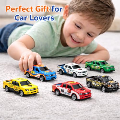 Image of DZLING Die-Cast Metal Toy Pickup Trucks, Pull Back Action Racing Cars, Vehicle Set for Kids Ages 3+ (12Pcs Die Cast Truck Set)