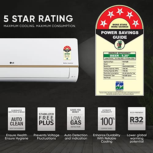 Image of LG 1 Ton 5 Star AI+ DUAL Inverter Wi-Fi Split AC (Copper, Super Convertible 6-in-1 Cooling, HD Filter with Anti-Virus Protection, 2023 Model, RS-Q14GWZE, White)
