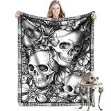 Ewozet Halloween Skull Flannel Throw Banket Skull and Flower Soft Black Throw Blankets Floral Decorations for Kids Adults Women Men for Couch Sofa Bed Bedroom Living Room 40x50 Inch
