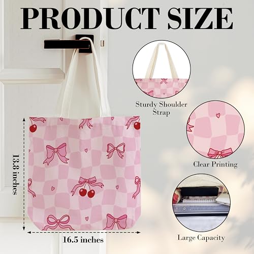 Bolso tote rosa con lazo para mujer, bolso de lona con diseño de cerezas y lazo, ideal como regalo para cumpleaños o Navidad, bolso de hombro para trabajo, compras, viajes o vacaciones miniatura 4