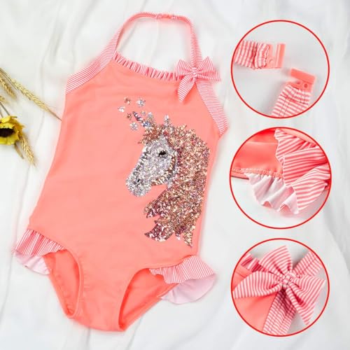 Julysand Toddler Girls Orange One Piece Swimsuit Sequin Unicorn Swimwear Bow Ruffled Bathing Suit3