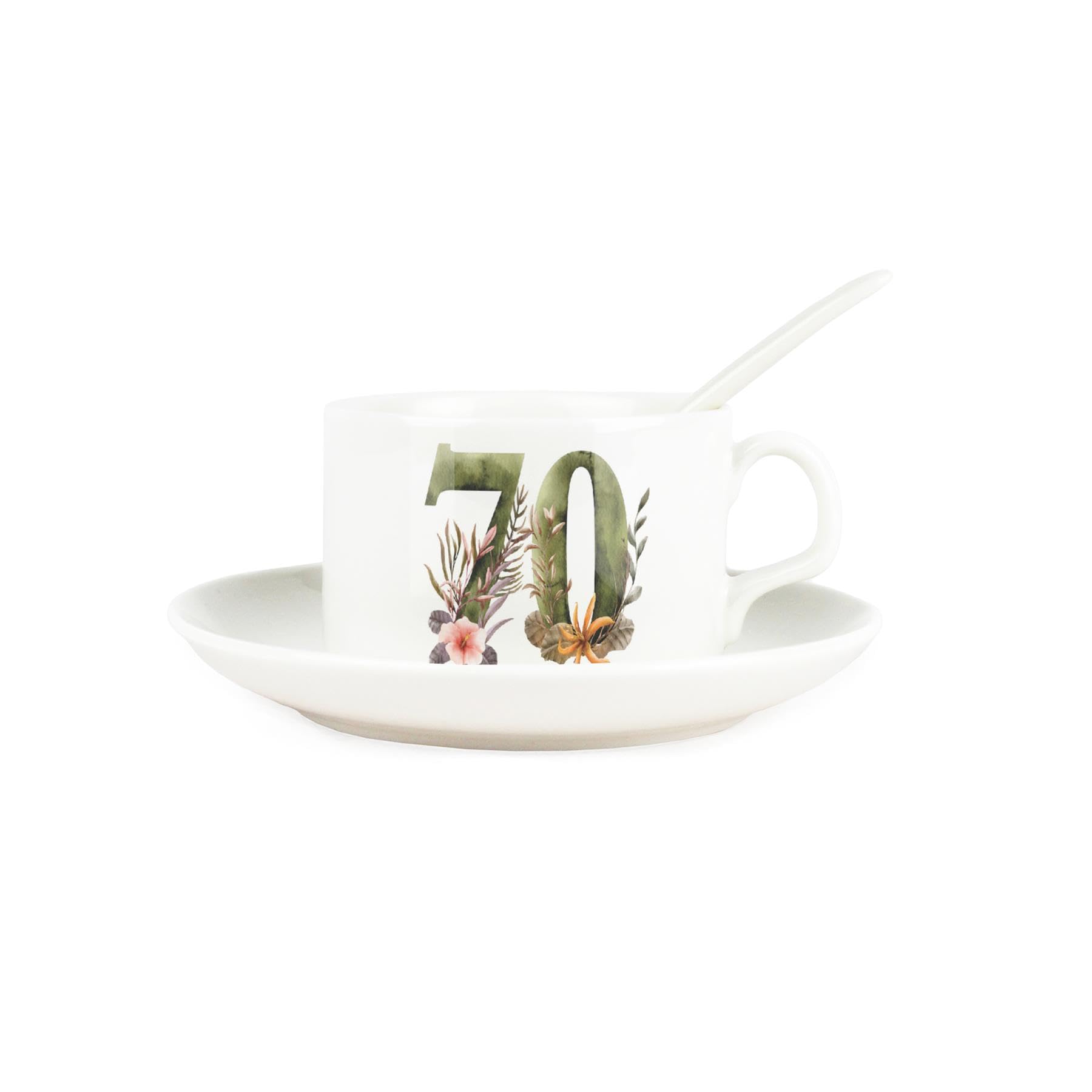 Purely Home Floral Age 70 Cup & Saucer Set with Spoon - 70th Birthday/Anniversary - Gifts for Her - Porcelain White Mug Coffee/Tea Hot Drinks Present