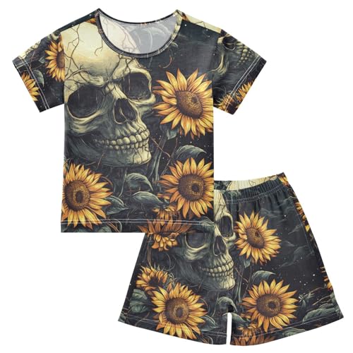 ALAZA Skull and Flowers at Night Pajama Set Short Sleeve Sleepwear Soft Lounge Nightwear