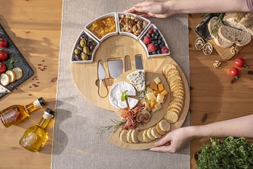 ChefSofi Charcuterie Board Set and Cheese Serving Platter - Made from Bamboo Wood - US Patented 13 inch Cheese Board and Knife Set for Entertaining and Serving - 4 Knives and 4 Bowls