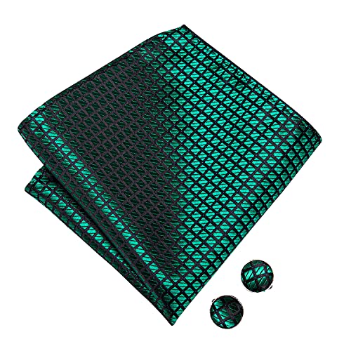 Image of Hi-Tie Pre-Tied Bowties for Men Silk Bow Ties and Pocket Square Cufflinks Set Mens Wedding Party Formal,Black Green Plaid