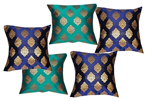 Image of PINK PARROT Polyester Blend Dopian Silk Cushion Covers - Set of 5 (Multicolour, 18 x 18 inch)