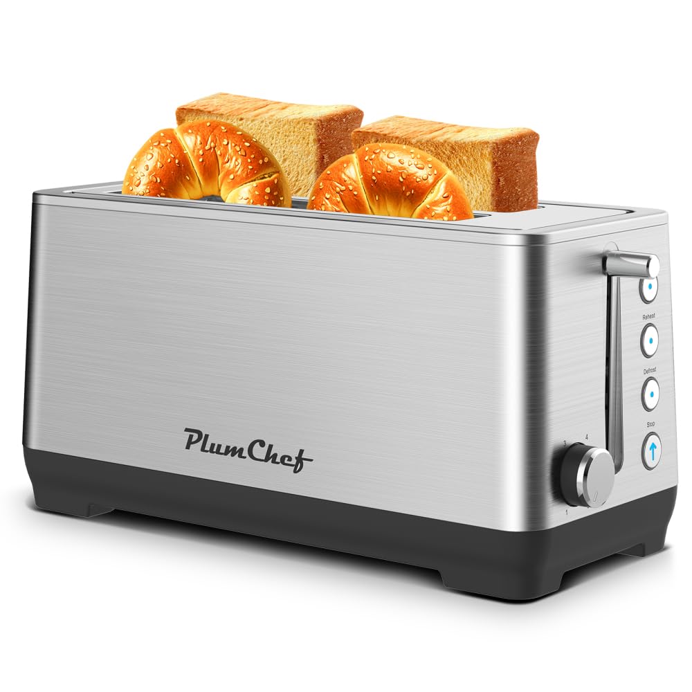 4-Slice Toaster with Extra Wide Long Slots, 1500W Stainless Steel, Warming Rack, 6 Browning Settings, Bagel Defrost Reheat Functions, Removable Crumb Tray