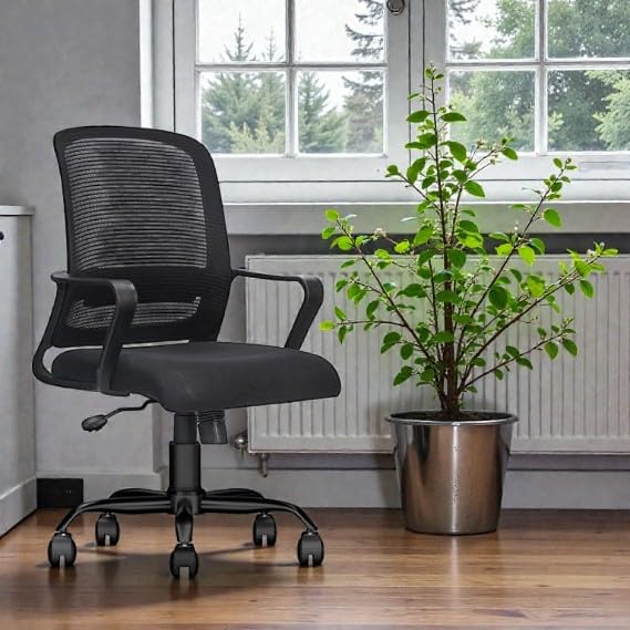 Image of Ergonomic Office Chair with Breathable Mesh Back | Adjustable Height, Padded Seat, Lumbar Support, 360 Swivel, Smooth Rolling Casters, Modern Computer Desk Chair for Home & Office (Black)