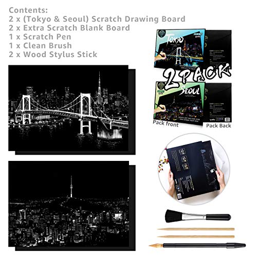 MIASTAR Scratch Paper Rainbow Painting Sketch Pads DIY Art Craft Night View Scratchboard for Adults and Kids - Scratch Painting Creative Gift - 2 Packs & Pen, Clean Brush, 16” x 11.2” (Tokyo / Seoul)