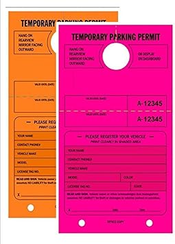 Temporary Parking Permit - Mirror Hang Tags, Numbered with Tear-Off Stub, 7-3/4" x 4-1/4", Bright Fluorescent Orange and Pink, 50 Per Pack - Double-Pack 100 Tags