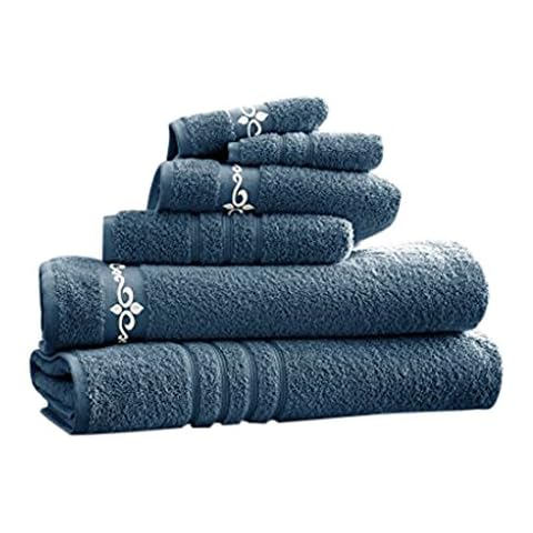 Pacific Coast Textiles 6 PC 100% Cotton Towels with Fleur Swirl Embroidered Denim/Ivory Standard, Single Cover