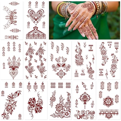 RAZET Tatuaggi Temporanei Donna, 12 Fogli Tatuaggio Temporaneo Nero Effetto Realistico ed Impermeabile, Tattoo Adesivi Mandala Mehndi per Mani e Braccia, per Matrimoni e Feste, 21x12cm