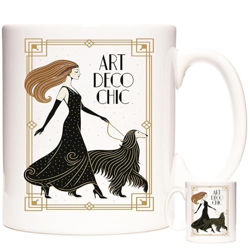 Image of KAZMUGZ Art Deco Chic Mug – Elegant Lady with Afghan Hound – 11oz White Ceramic Coffee Cup – Vintage Glamour Gift – Stylish Dog Lover Present – Comes in Protective White Box
