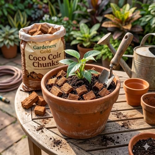 Image of Coco Coir Chunks /Chips for Puja, Havan and Organic Use, Natural Coconut Shell Pieces for Gardening, Orchid Substrate, Soil Aeration and Moisture Retention Mulch, 200g