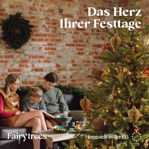 FAIRYTREES Weihnachtsbaum künstlich 180cm Nordmanntanne Exklusiv 100% PE | Tannenbaum Holzständer | Made in EU | Christbaum künstlich mit Naturgetreue Spritzguss Elemente
