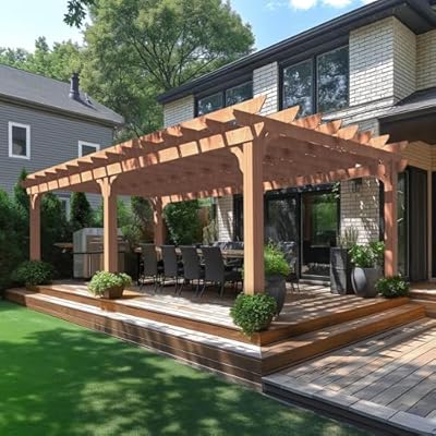 MUPATER 12x20 FT Retratable Wooden Pergola Gazebo for Patio with Arched Roof and Stakes, Outdoor Pergola Garden Shelter Cedar Framed for Backyard,Deck,Garden
