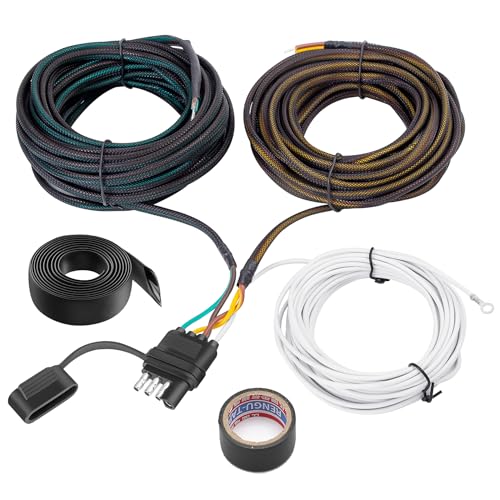Bitiontry Upgraded 4 Pin 5 Wire Trailer Wiring Harness 26FT for Rewiring Trailer Both-Side Taillights, Pure Copper Wishbond Trailer Light Kit 4 Way Flat 5 Wire Trailer Plug w/Nylon Net Tube Protection