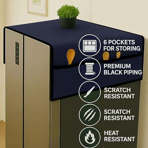 Image of Refrigerator Cover Double Door Waterproof, Dustproof, Refrigerator Top Cover, Protective Covers for Fridges with Extra Storage Space Nylon Top Fridge cover with 6 Storage Pocket (Navyblue,170 x 65 cm)