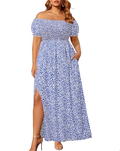 Blue Floral Maxi Dress Women Plus Size Long Off Shoulder