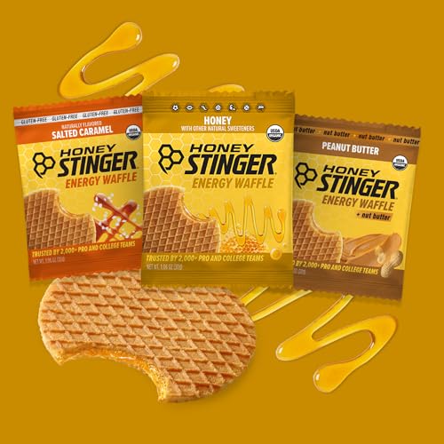 Image of Honey Stinger Organic Energy Waffle Classic Original Flavors Variety Pack of 18, 6 Pack Each of Honey, Salted Caramel, Peanut Butter, Nutritious Stroopwafel Snack for Performance, Cycling, Running