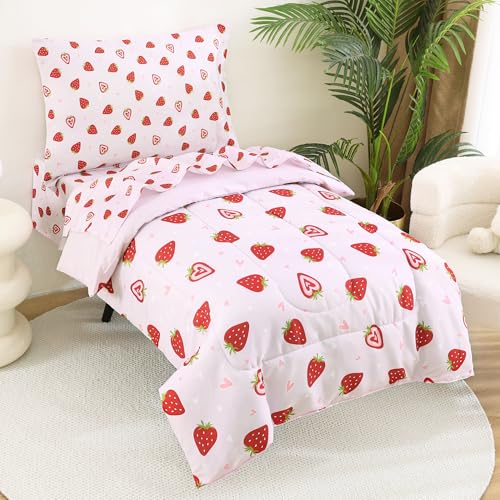 Image of lasoftan Toddler Bedding Set, 4 Piece Bed-in-a-Bag Toddler Bed Comforter Sets for Girls, Toddler Bed Set, Prink Strawberry Printed, Machine Washable