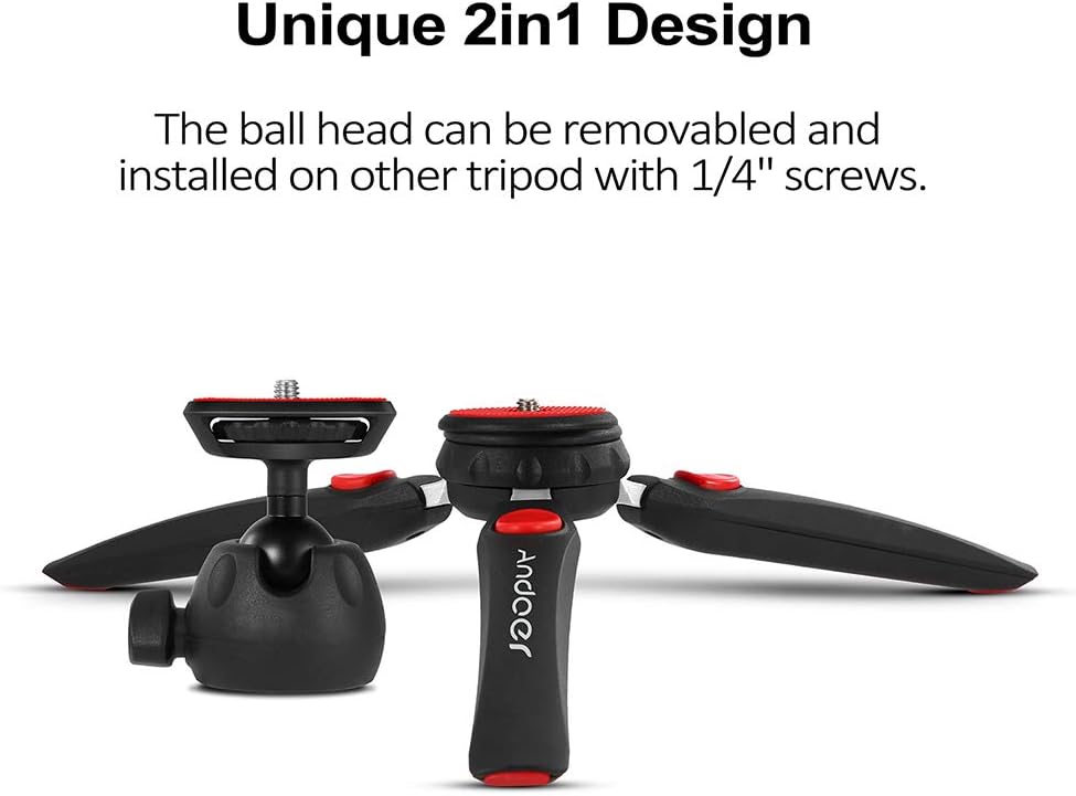 Andoer Mini Tabletop Tripod Phone Camera Tripod Removable Ball Head Portable Foldable with 1/4" Mounting Screw for DSLR/Mirrorless Cameras DV LED Video Light