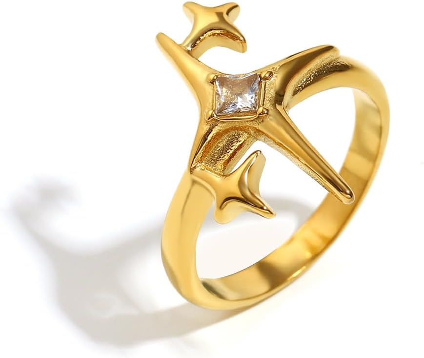 Kokoma Cubic Zirconia Star Ring for Women Minimalist Rhinestone Pointed Stars Stainless Steel Band Rings Statement Stacking Finger Bands Jewelry