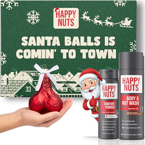 Happy Nuts Holiday Gift Bundle Kit for Men - Comes With Comfort Powder, Body Wash & Christmas Festive Ornament - A Hilarious Stocking Stuffer or White Elephant Mens Gift Basket Idea for Him