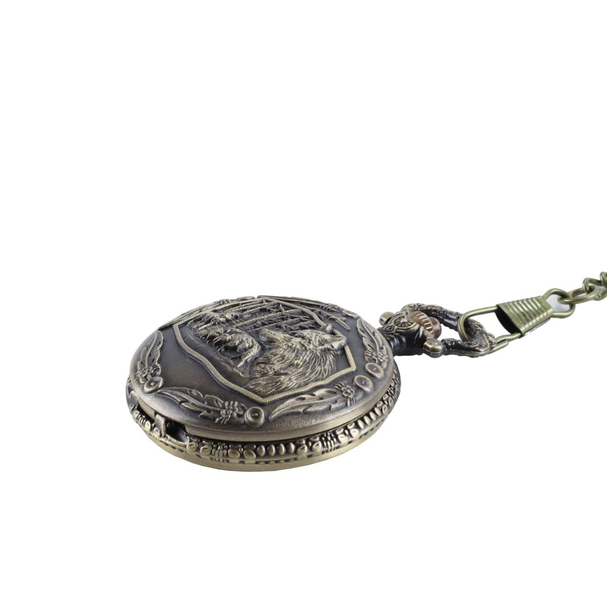 Mini set di dadi DND con orologio a forma di testa di lupo in rilievo, 7 dadi poliedrici in lega di zinco, catena in bronzo anticato, confezione regalo per giochi di ruolo da tavolo