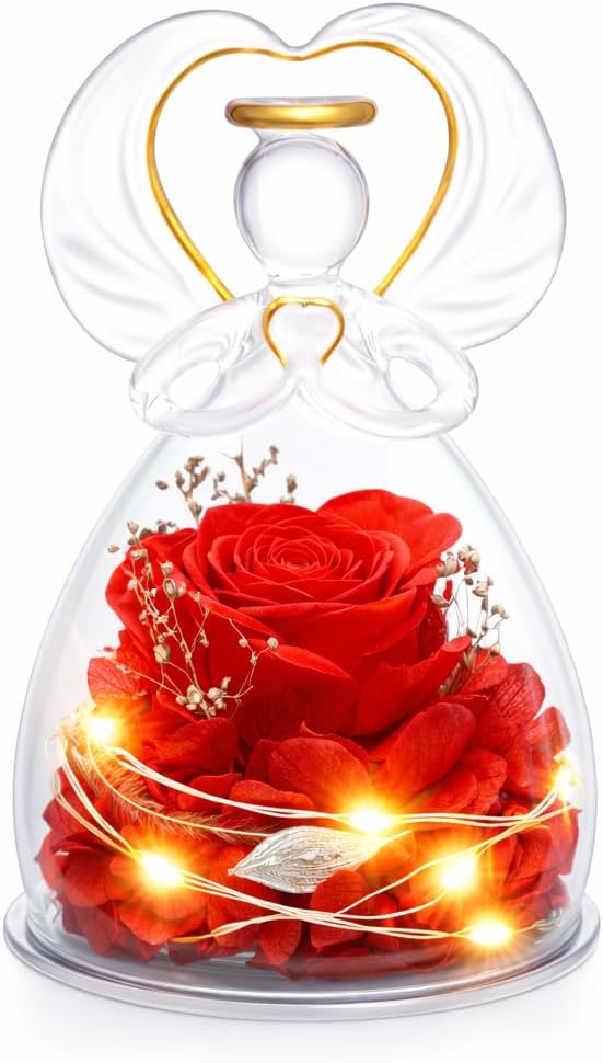 Preserved Rose Angel Glass Dome with LED Light, Real Eternal Flower Gift for Women Mom Girlfriend, Handmade Romantic Gift for Anniversary Birthday Mother's Day