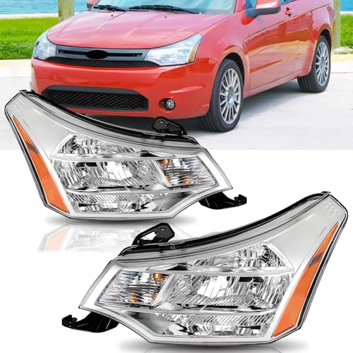ISHARINGAUTOPARTS Headlights Assembly Compatible with 2008 2009 2010 2011 Ford Focus S SE SES SEL Halogen Head Lamp Replacement Chrome Housing Amber Reflector 2pcs Driver and Passenger Side LH RH