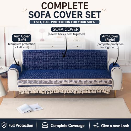 Image of HOKIPO 'Imperial Tassel Series' Premium Chenille Jacquard Sofa Cover Set for 3 Seater for Seat, Back & Arms with Tassels, Royal Blue (IN-1011 + IN-1012-I4*2)