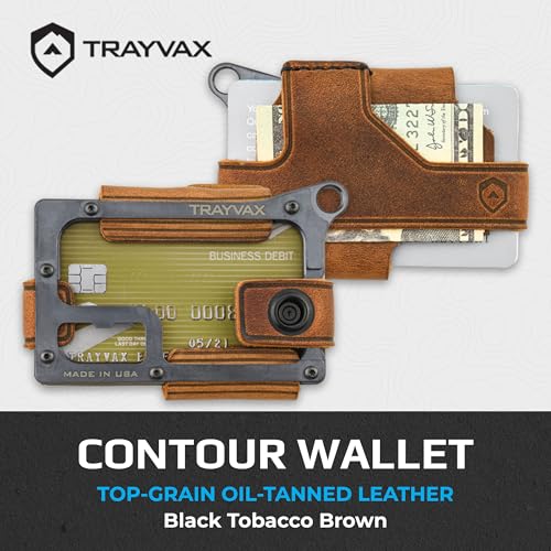 Trayvax Contour Wallet, RFID Front Pocket Money and Credit Card Holder, Minimalist Slim Leather Metal Wallet for Men and Women, Black Tobacco Brown2