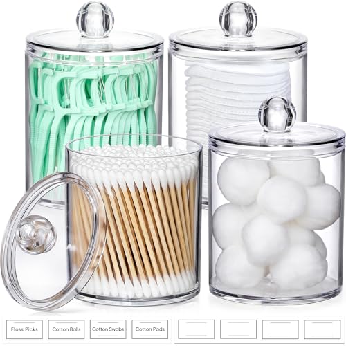 4 Pack Acrylic Qtip Holder Dispenser for Cotton Swabs, Balls, Pads, Floss Picks- Small Clear Acrylic...