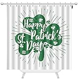 Mugod St. Patrick's Day Polyester Fabric Shower Curtain Lettering on Green Shape Lucky Shamrock Clover Sunburst Shower Curtains Polyester Fabric for Bathroom Showers and Bathtubs 72x72 Inch